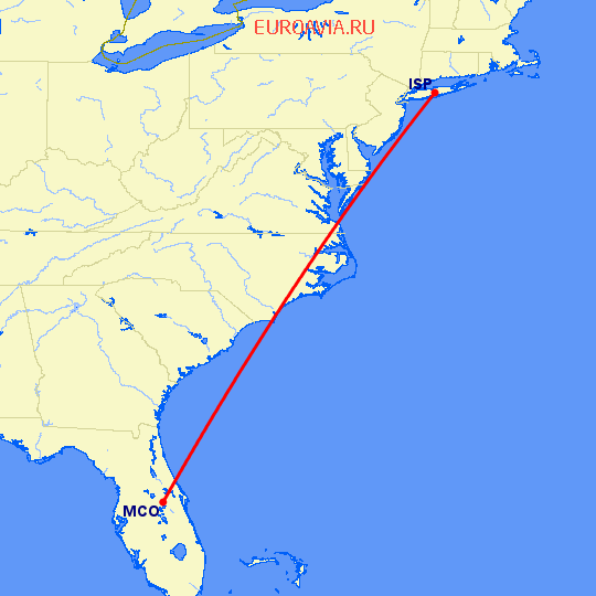 перелет Islip — Орландо на карте