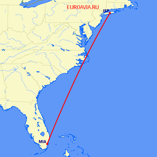 перелет Islip — Майами на карте
