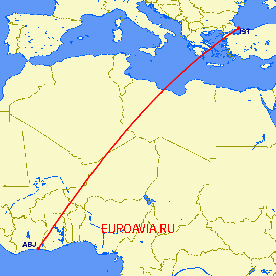 перелет Стамбул — Абиджан на карте