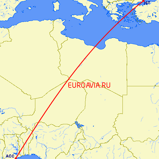 перелет Стамбул — Аккра на карте