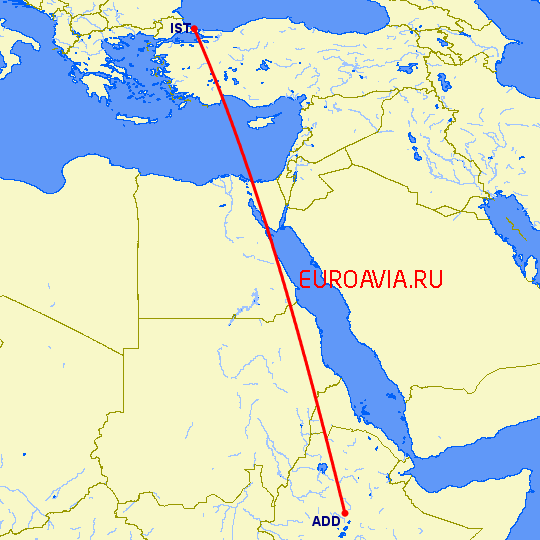 перелет Стамбул — Аддис Абеба на карте