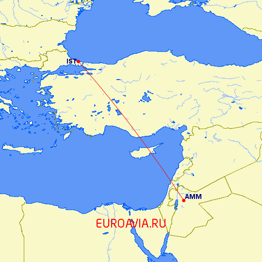 перелет Стамбул — Амман на карте