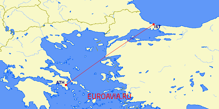 перелет Стамбул — Афины на карте