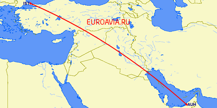 перелет Стамбул — Абу Даби на карте