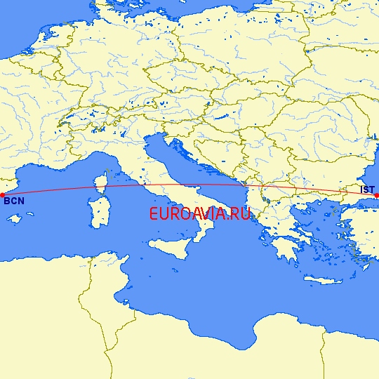 перелет Стамбул — Барселона на карте