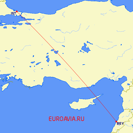 перелет Стамбул — Бейрут на карте