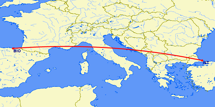 перелет Стамбул — Бильбао на карте