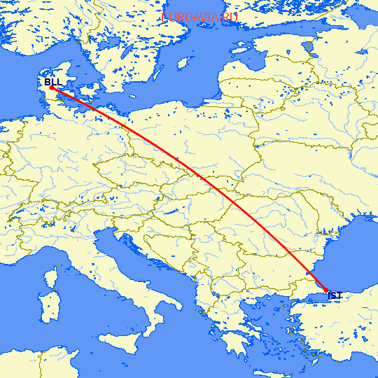 перелет Стамбул — Биллунд на карте