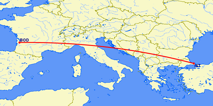 перелет Стамбул — Бордо на карте