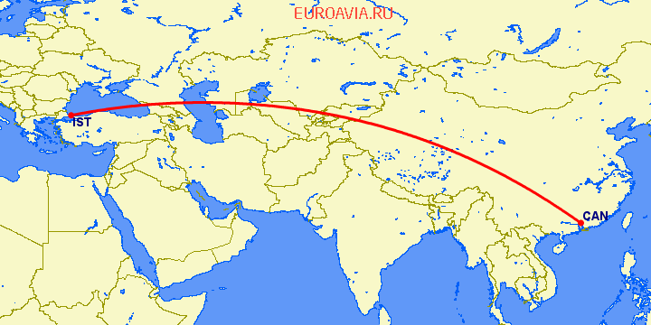 перелет Стамбул — Гуанчжоу на карте