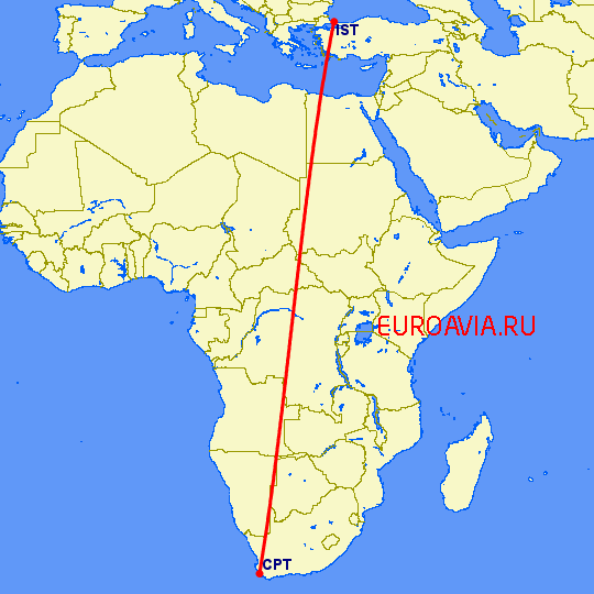 перелет Стамбул — Кейптаун на карте