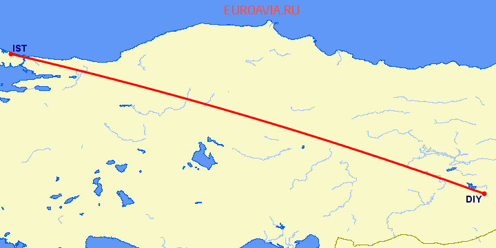 перелет Стамбул — Диярбакыр на карте