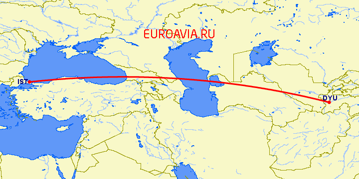 перелет Стамбул — Душанбе на карте