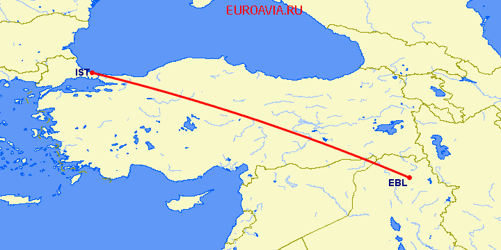 перелет Стамбул — Эрбиль на карте