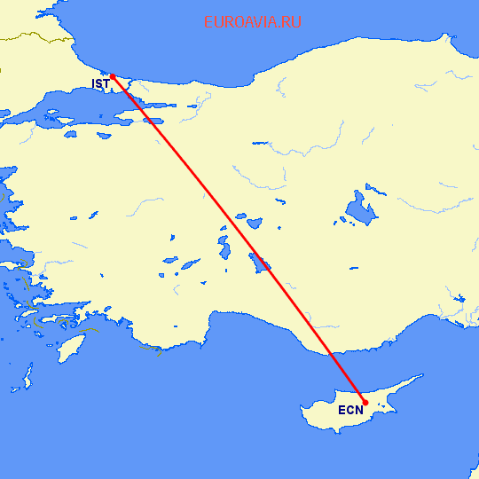 перелет Стамбул — Никосия на карте