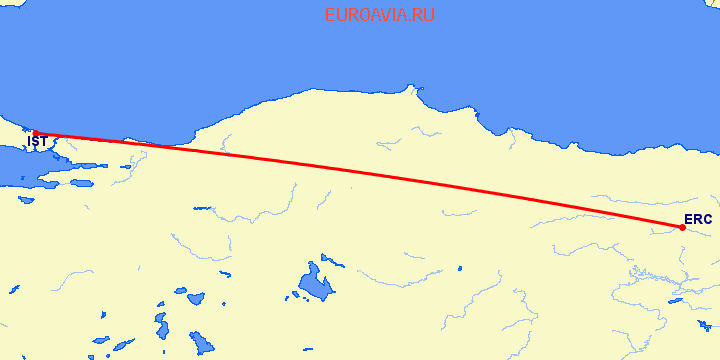 перелет Стамбул — Эрзинкан на карте