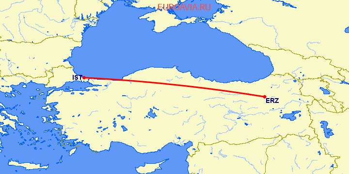 перелет Стамбул — Эрзурум на карте