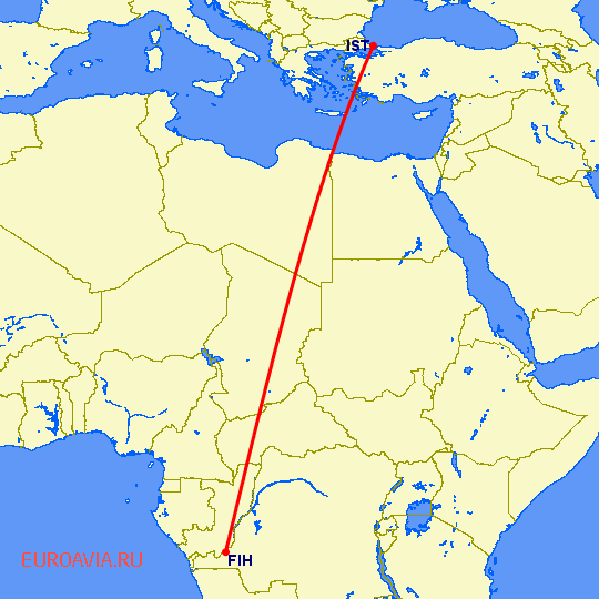 перелет Стамбул — Киншаса на карте