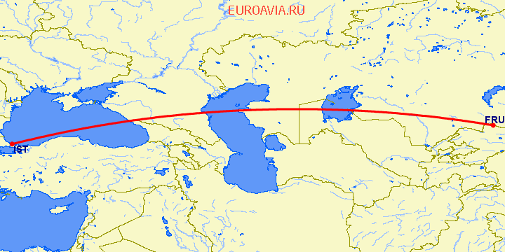 перелет Стамбул — Бишкек на карте