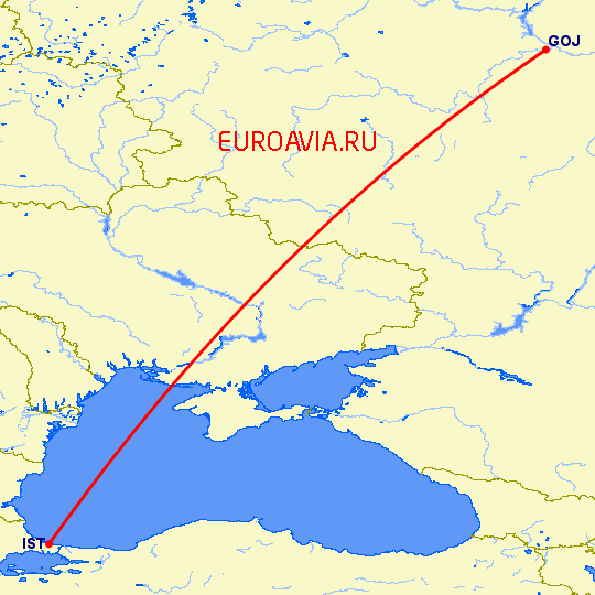 перелет Стамбул — Нижний Новгород на карте