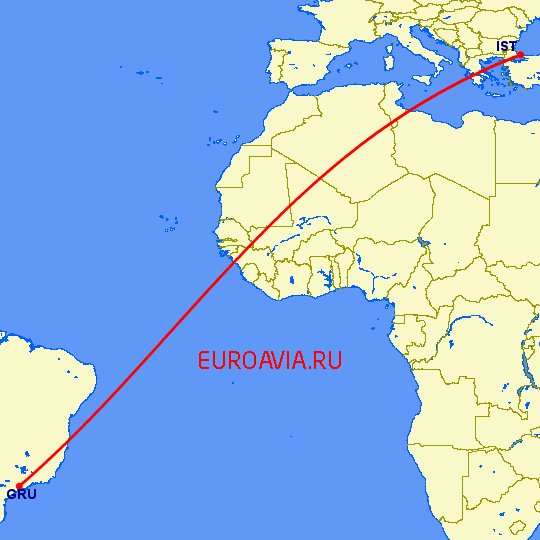 перелет Стамбул — Сан Паулу на карте