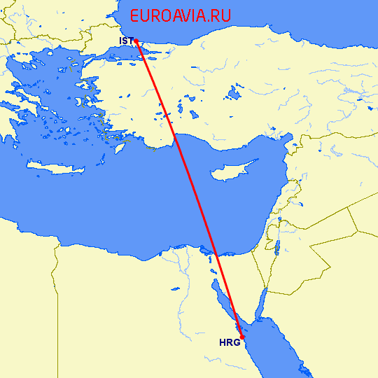 перелет Стамбул — Хургада на карте