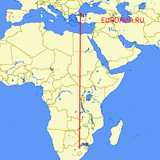 перелет Стамбул — Йоханнесбург на карте