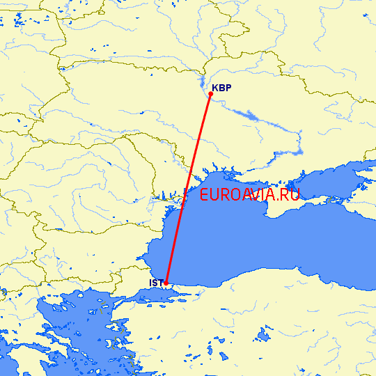 перелет Стамбул — Киев на карте