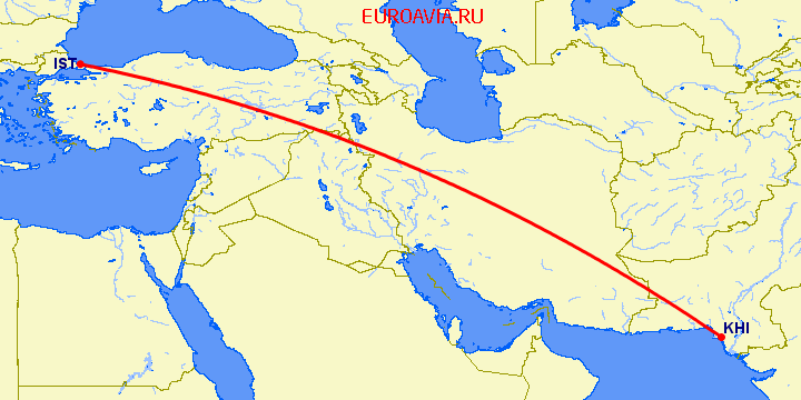 перелет Стамбул — Карачи на карте
