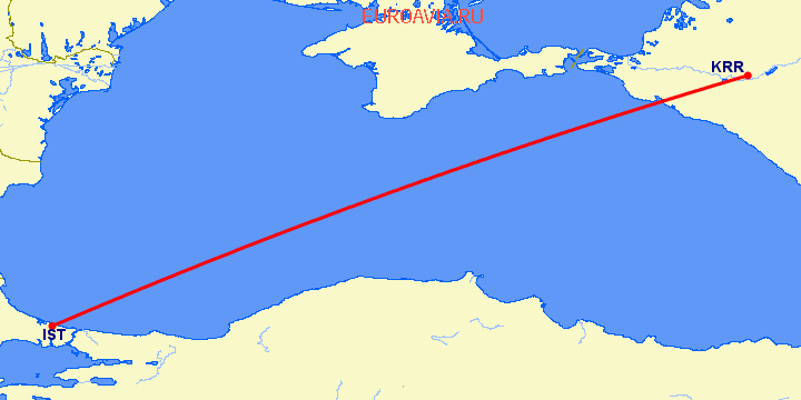 перелет Стамбул — Краснодар на карте