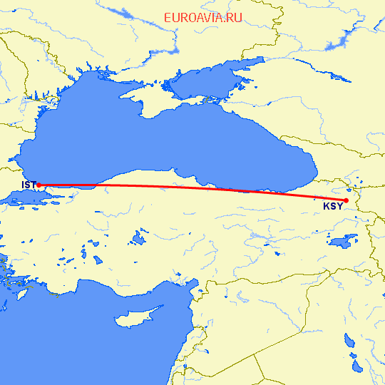 перелет Стамбул — Карс на карте