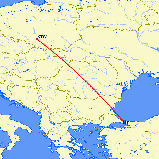 перелет Стамбул — Катовице на карте