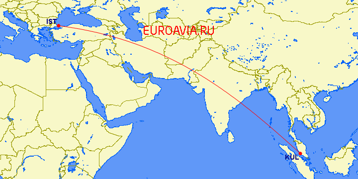 перелет Стамбул — Куала Лумпур на карте