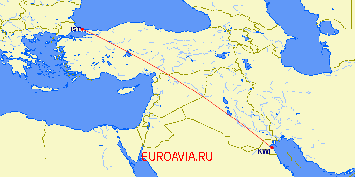 перелет Стамбул — Кувейт на карте