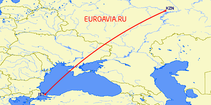 перелет Стамбул — Казань на карте