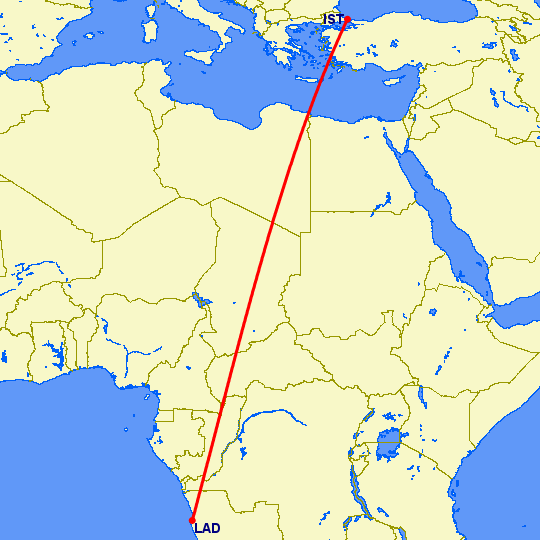 перелет Стамбул — Луанда на карте