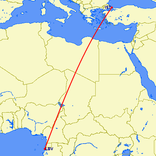 перелет Стамбул — Либревилль на карте