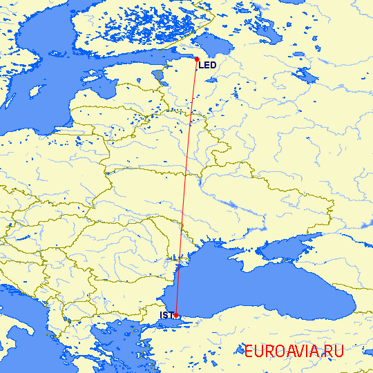 перелет Стамбул — Санкт Петербург на карте