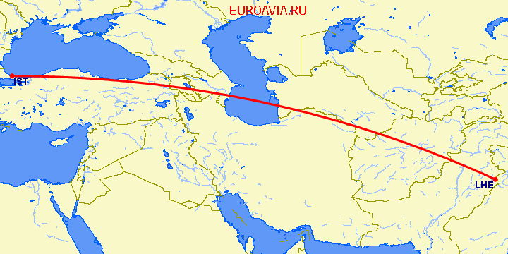 перелет Стамбул — Лахор на карте