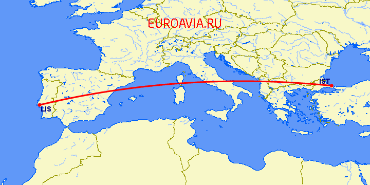 перелет Стамбул — Лиссабон на карте
