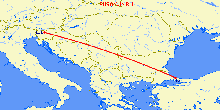 перелет Стамбул — Любляна на карте