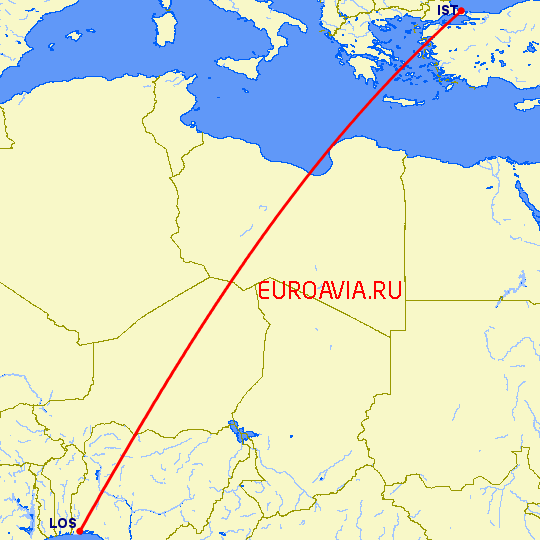 перелет Стамбул — Лагос на карте
