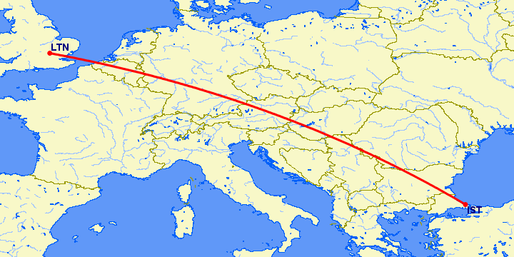 перелет Стамбул — Luton на карте