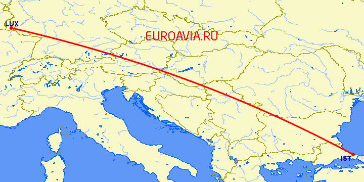 перелет Стамбул — Люксембург на карте
