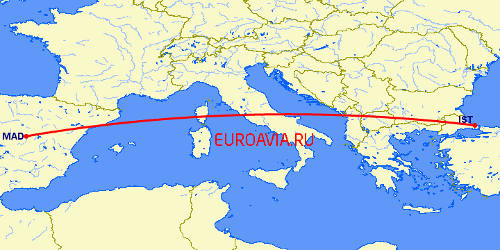 перелет Стамбул — Мадрид на карте