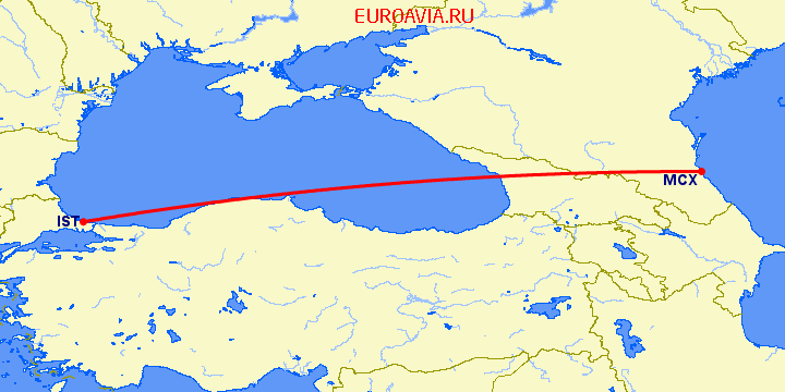 перелет Стамбул — Махачкала на карте