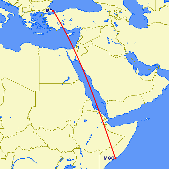 перелет Стамбул — Mogadishu на карте