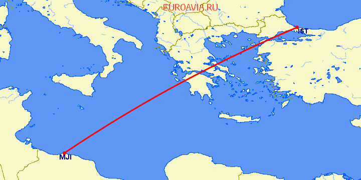 перелет Стамбул — Mitiga на карте