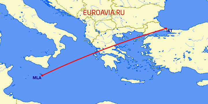 перелет Стамбул — Мальта на карте
