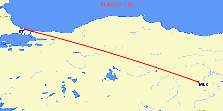 перелет Стамбул — Малатия на карте